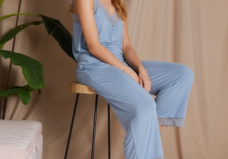 Pretty You London Lace Cami Cropped Trouser Set Blue Mist
